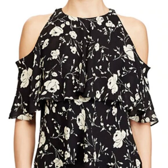 Polo Ralph Lauren Silk Georgette Top Cold-Shoulder Womens 10 Black Floral Ruffle - Picture 8 of 9